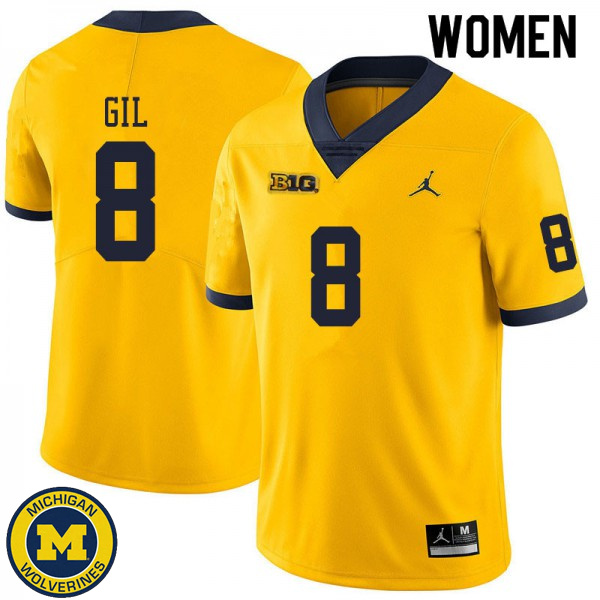 Women's Michigan Wolverines #8 Devin Gil Yellow Official Game Jersey